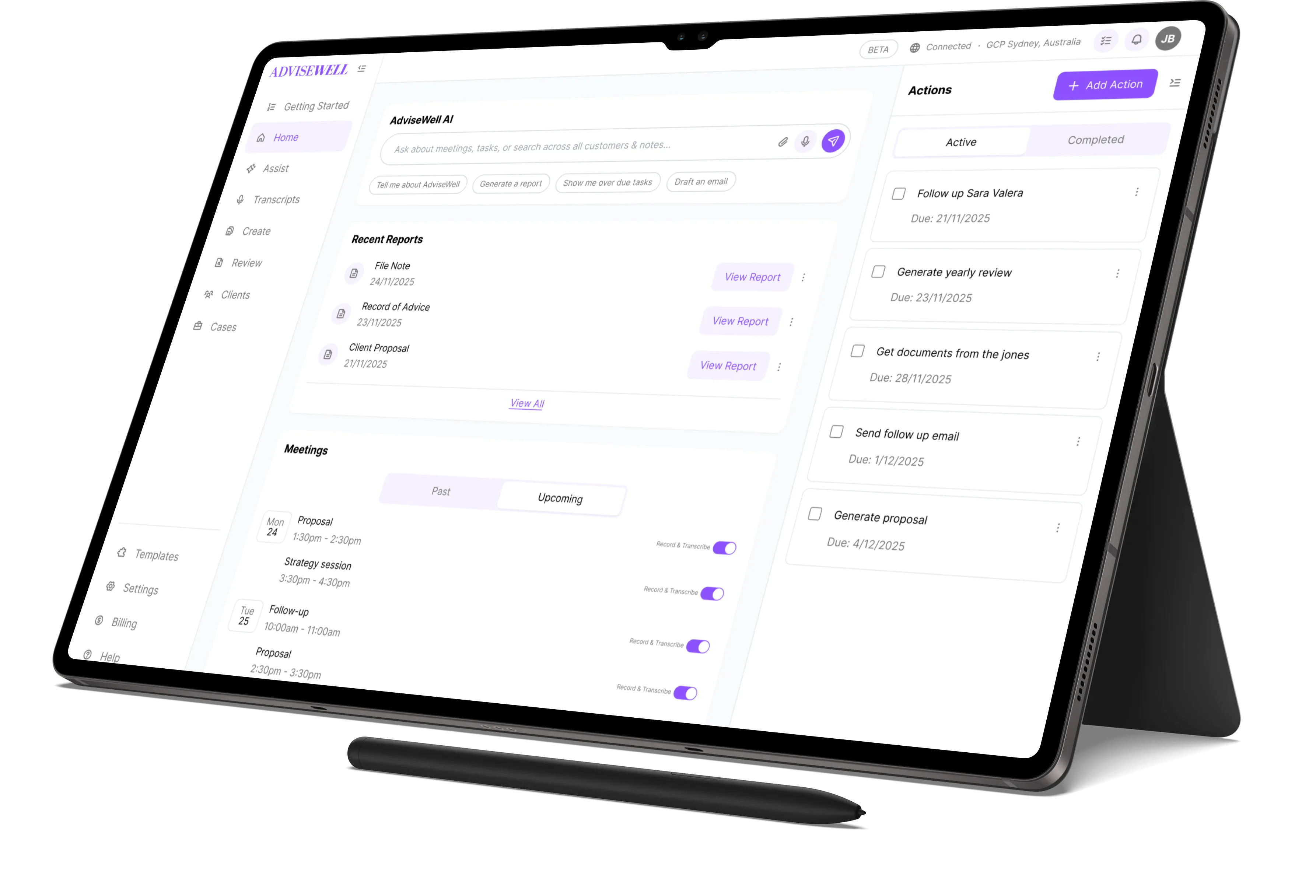Tablet displaying AdviseWell app interface with sections for AI assistant, recent reports, upcoming meetings, and active actions, accompanied by a stylus.